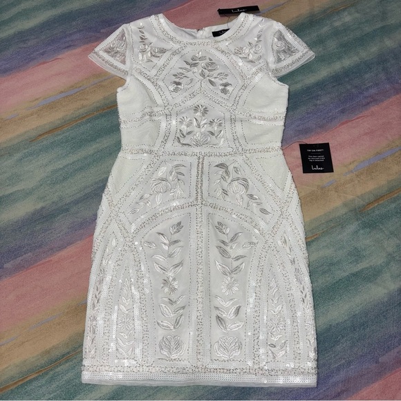 Lulus Spread Your Shine White Sequin Embroidered Bodycon Dress size M NwT - Picture 3 of 11